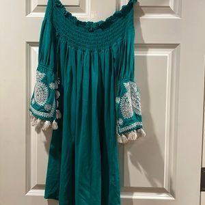 New Boston Proper Green and white tassel ethnic dress xs